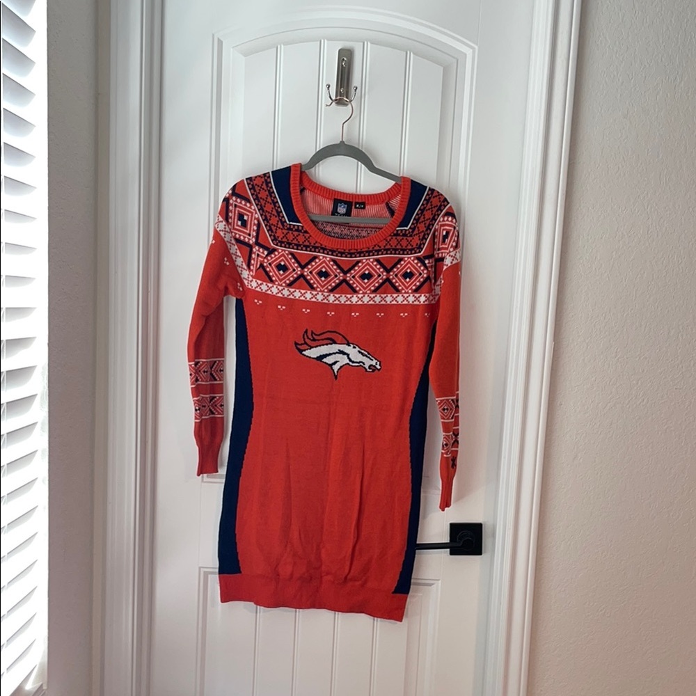 Women's Denver Broncos Orange and Blue Ugly Christmas Sweater Dress